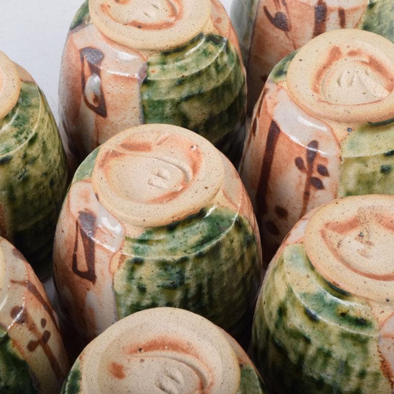 マサオ 煎茶道具　織部焼　煎茶碗　十客　陶印あり　時代箱　V　9069