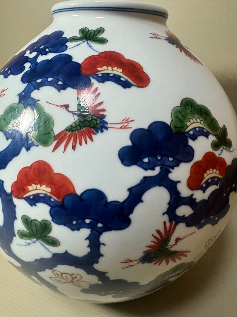 2133 源右衛門　染錦松鶴　花瓶