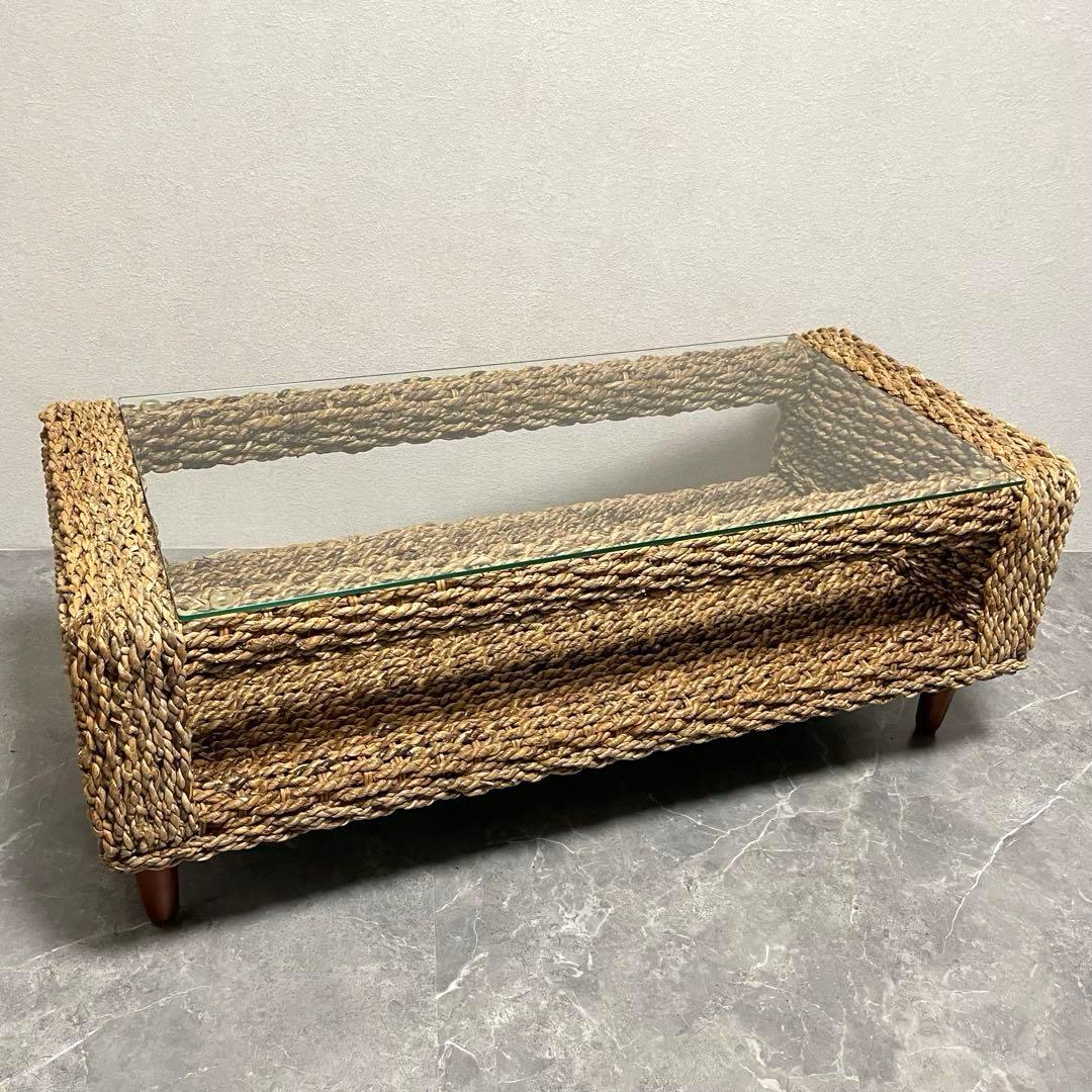 アジアン家具 アバカセンターテーブル 強化ガラス天板 収納棚付き 南国　バリ風