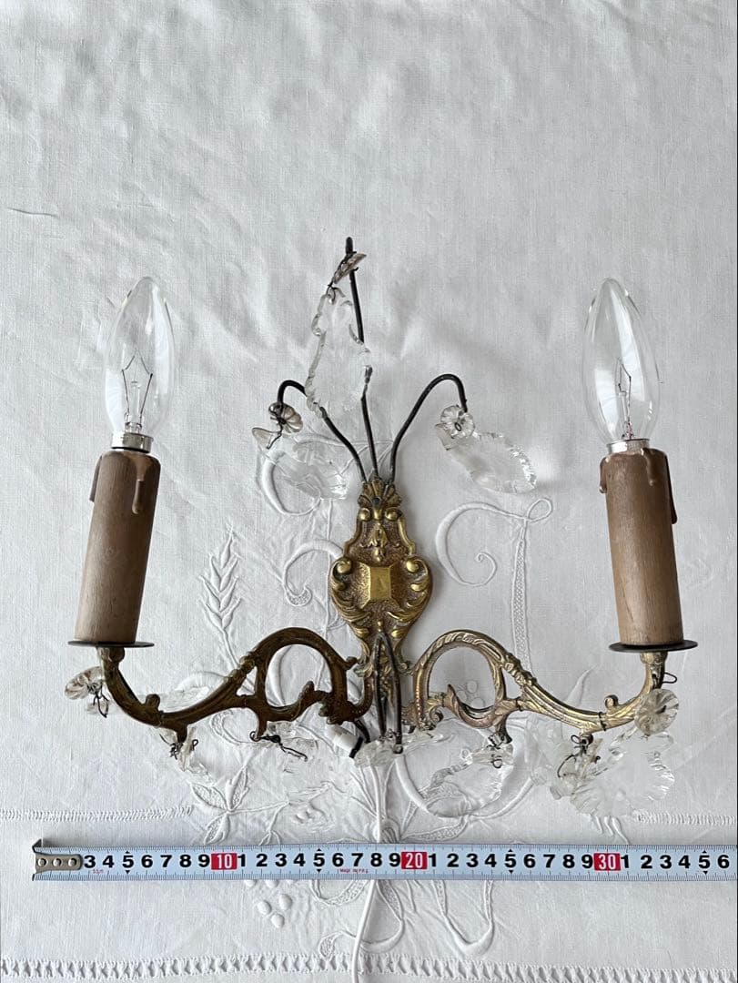 【美品】フランスアンティーク クリスタルドロップ 2灯ブラケット[2409]