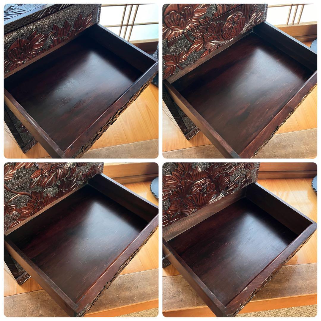 【伝統工芸品】日光彫り 5段棚 木製 小引き出し棚 牡丹の花 彫刻 小物入れ