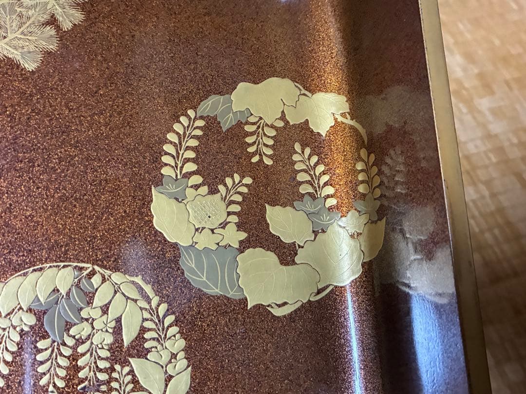 漆器 金箔 唐草紋 蒔絵 梨地 四角盆 時代物 木箱入