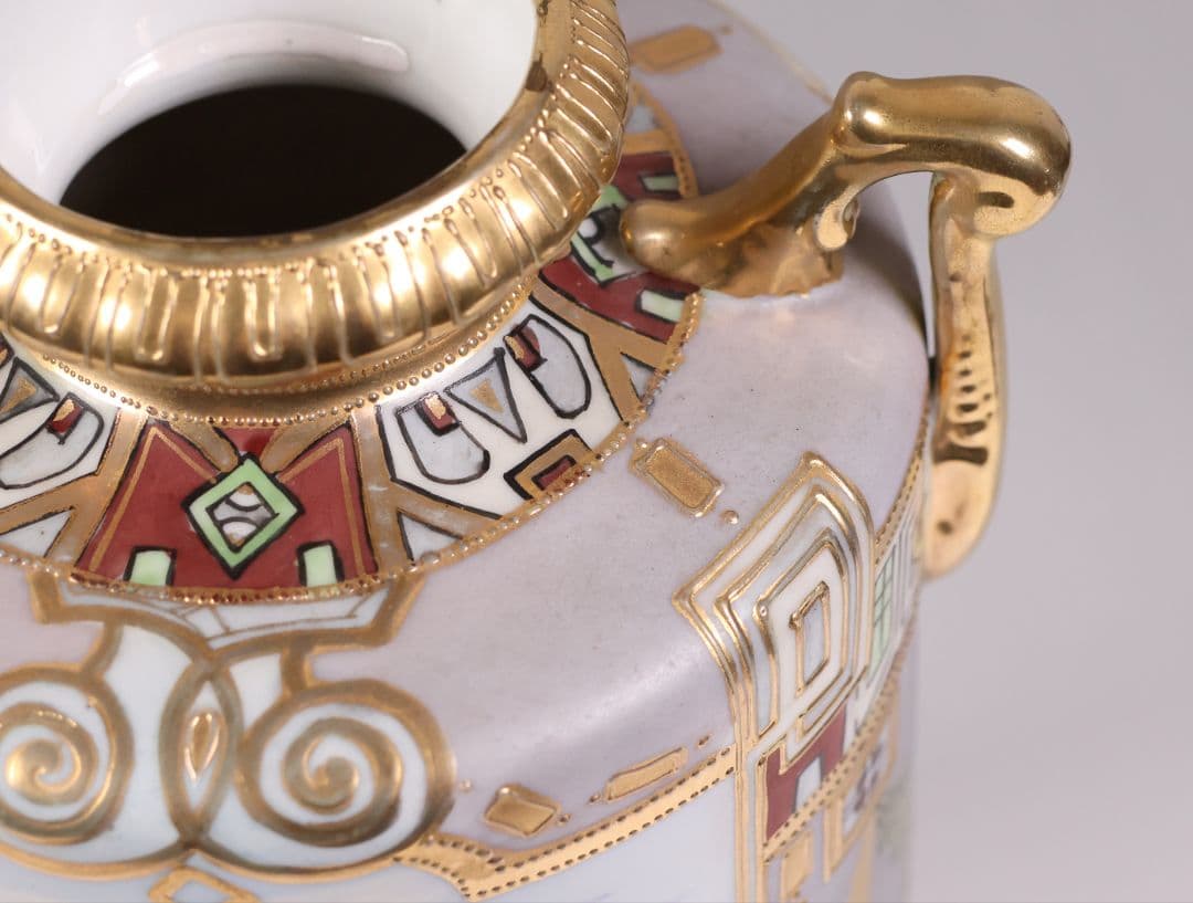 【CM318】オールドノリタケ パネル風景 耳付 花瓶 金彩 金盛 明治