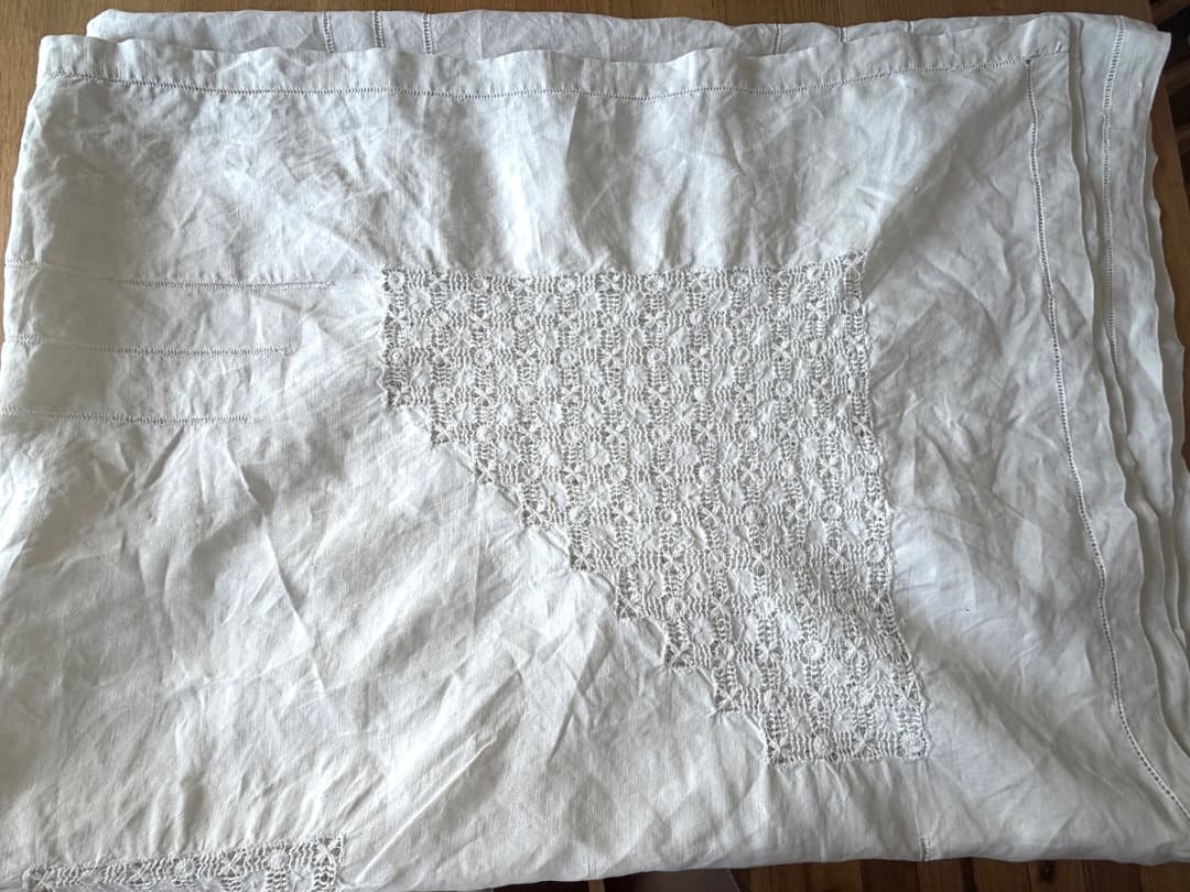 フランスアンティーク　特大　テーブルクロス　リネン　シーツ　ドロンワーク　刺繍