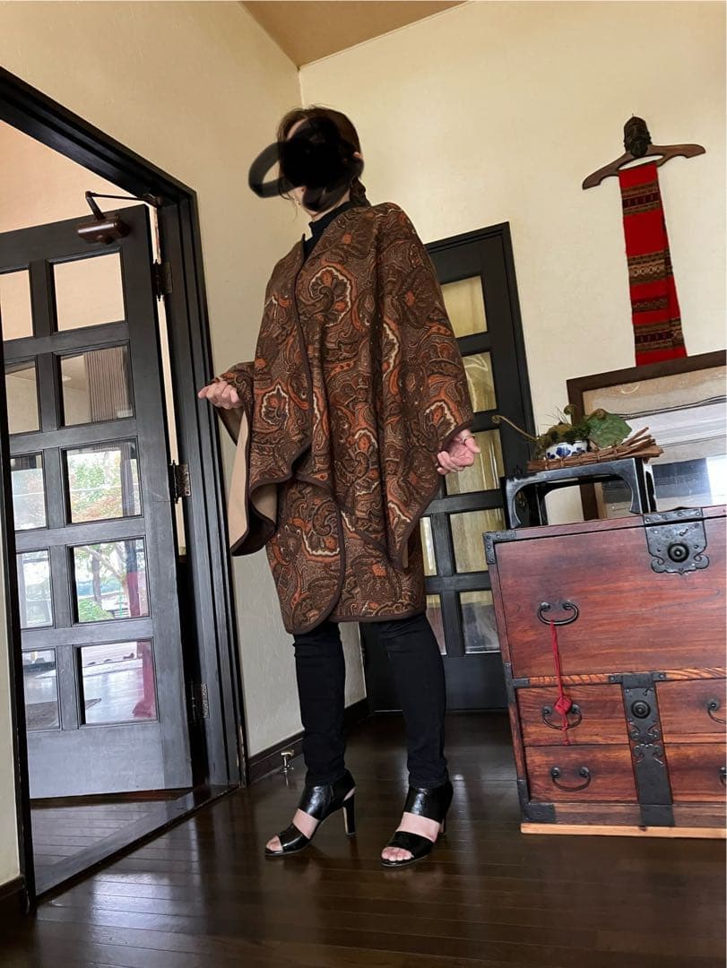 エトロ　ケープコート　ペイズリー　カシミヤ　ウール　ポンチョマント羽織りショール