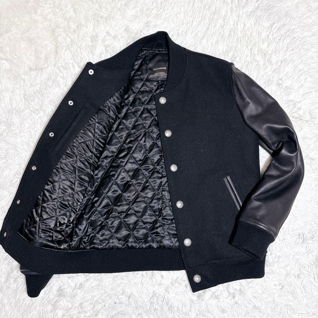 美品 ジャックローズ スタジャン 本革袖 ウール L ブラック 刺繍 ジャケット