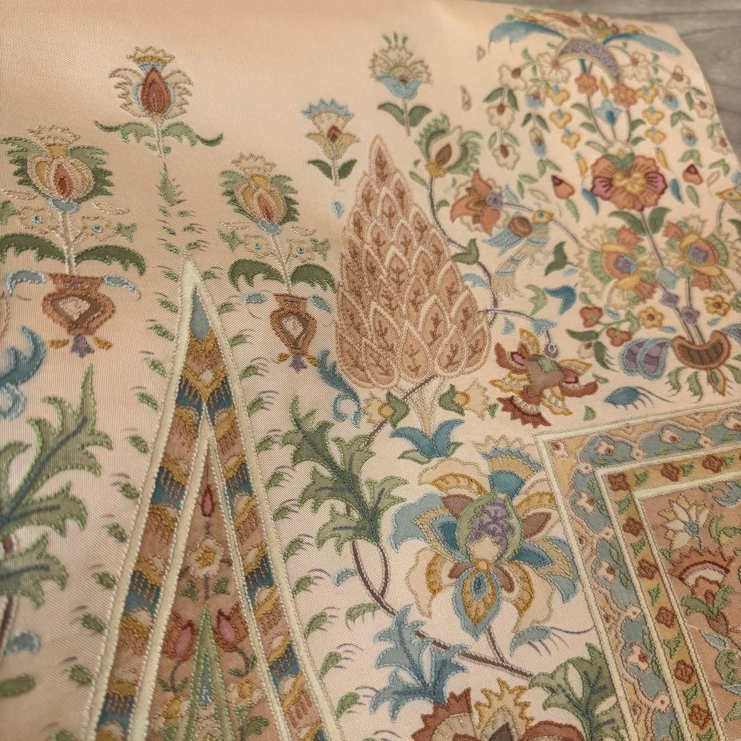 超美品　袋帯 正絹　現代　着物　ボタニカル 中国刺繍　相良刺繍　オレンジ　443