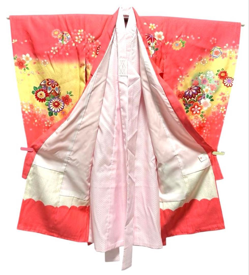 美品　女の子　初着　一つ身着物、襦袢セット　ピンク×パステルイエロー　正絹