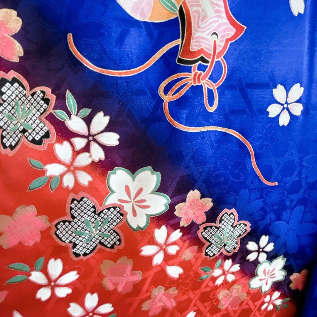 美品正絹　フルセット　七五三　７歳女の子　着物＆帯＆長襦袢＆小物セット　青×赤