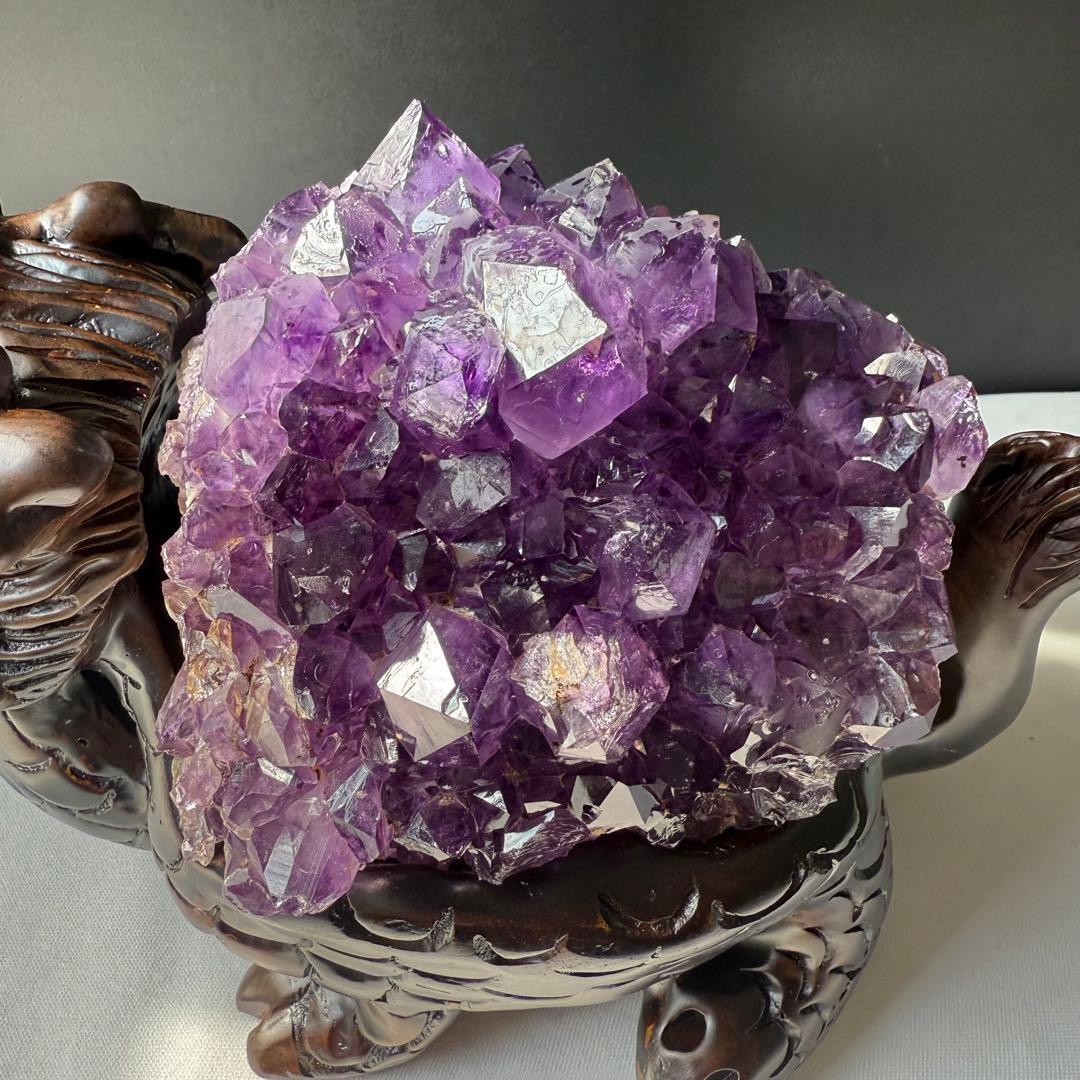 美品❣️天然石 アメジストの原石　クラスター　ロングイ台座付きNO.020411