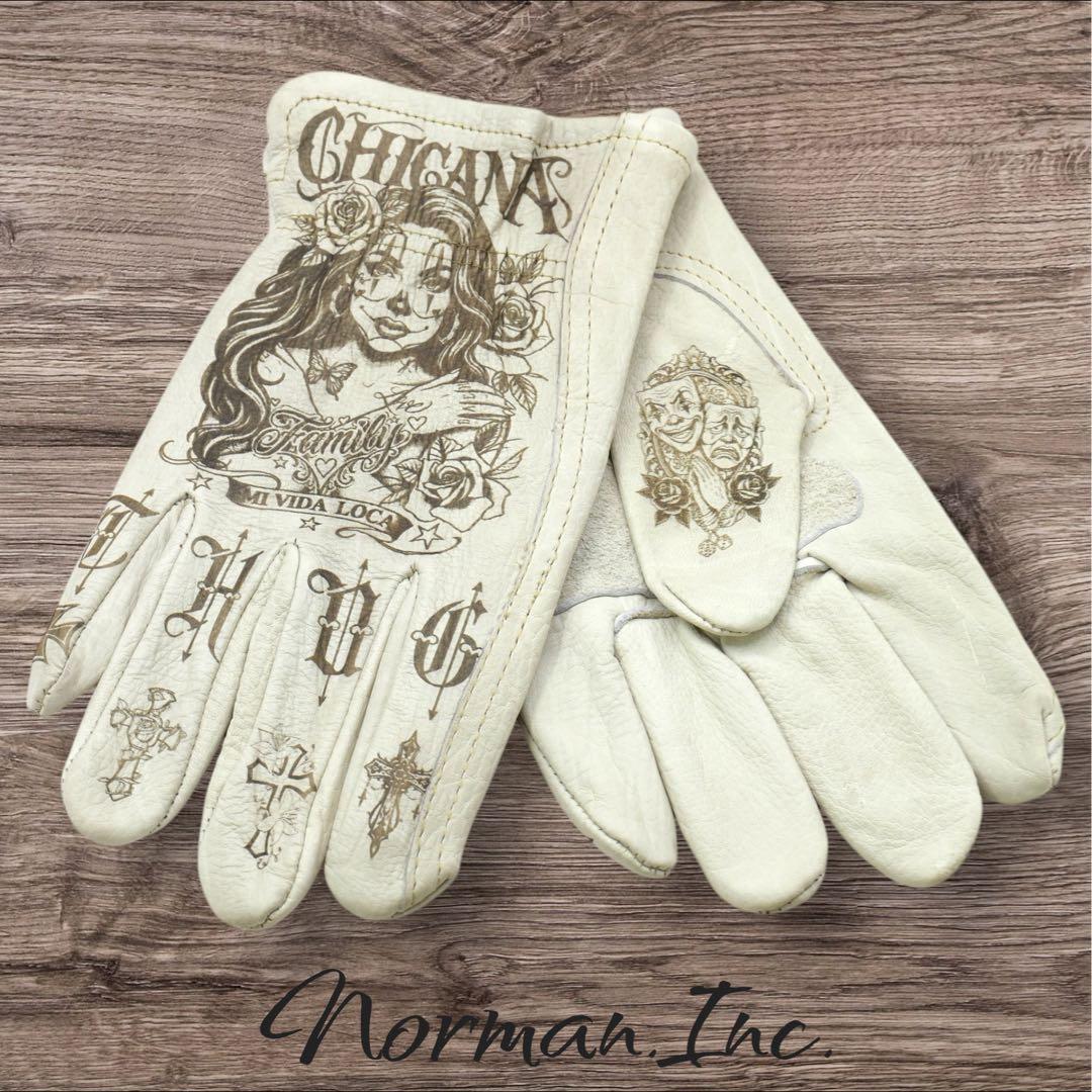 牛革　レザーグローブ　アメリカン　バイク　ハーレー　カスタム　手袋　白　M