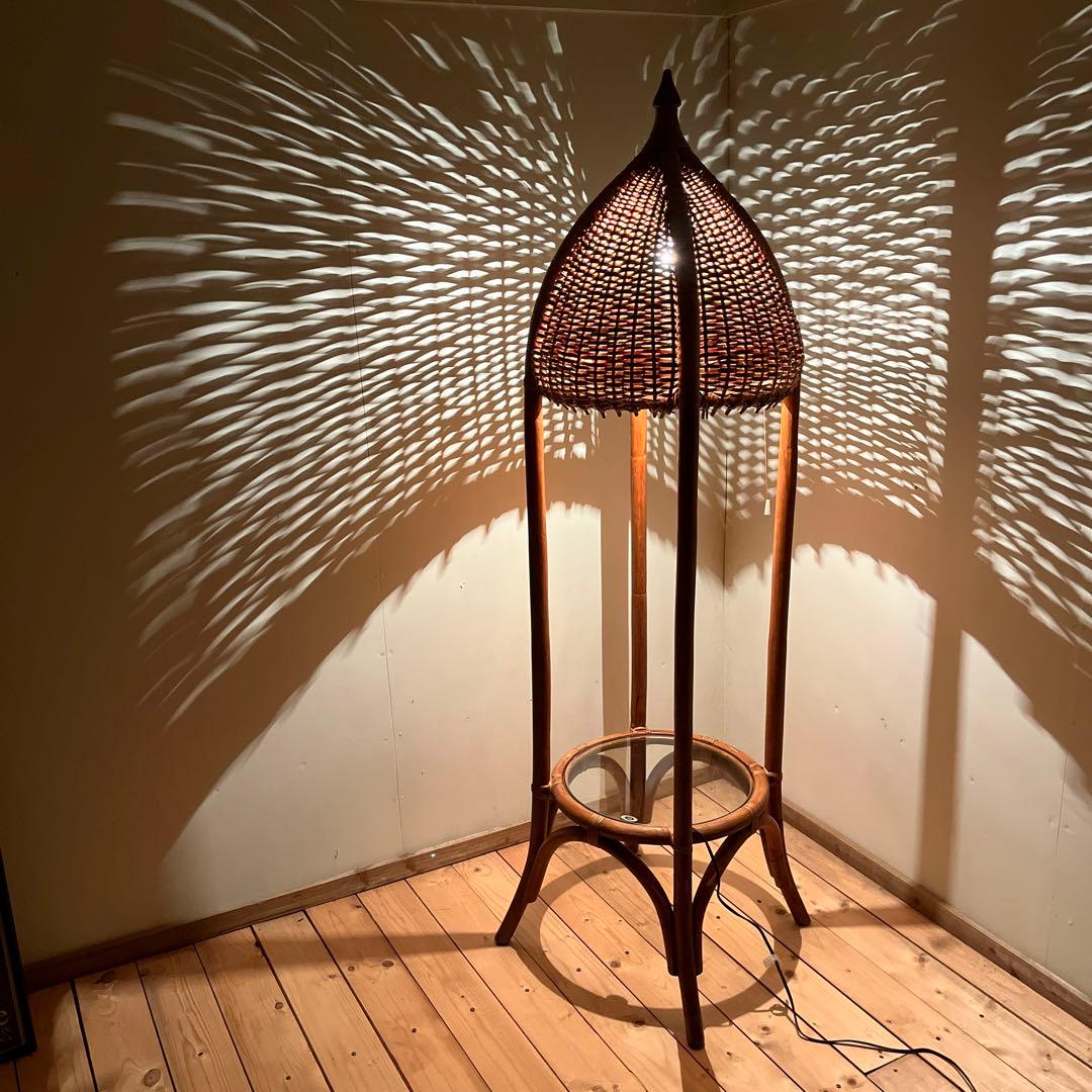 古家具 ビンテージ品◾️籐ラタンフレーム 間接照明 ガラス天板付き ライト ランプ