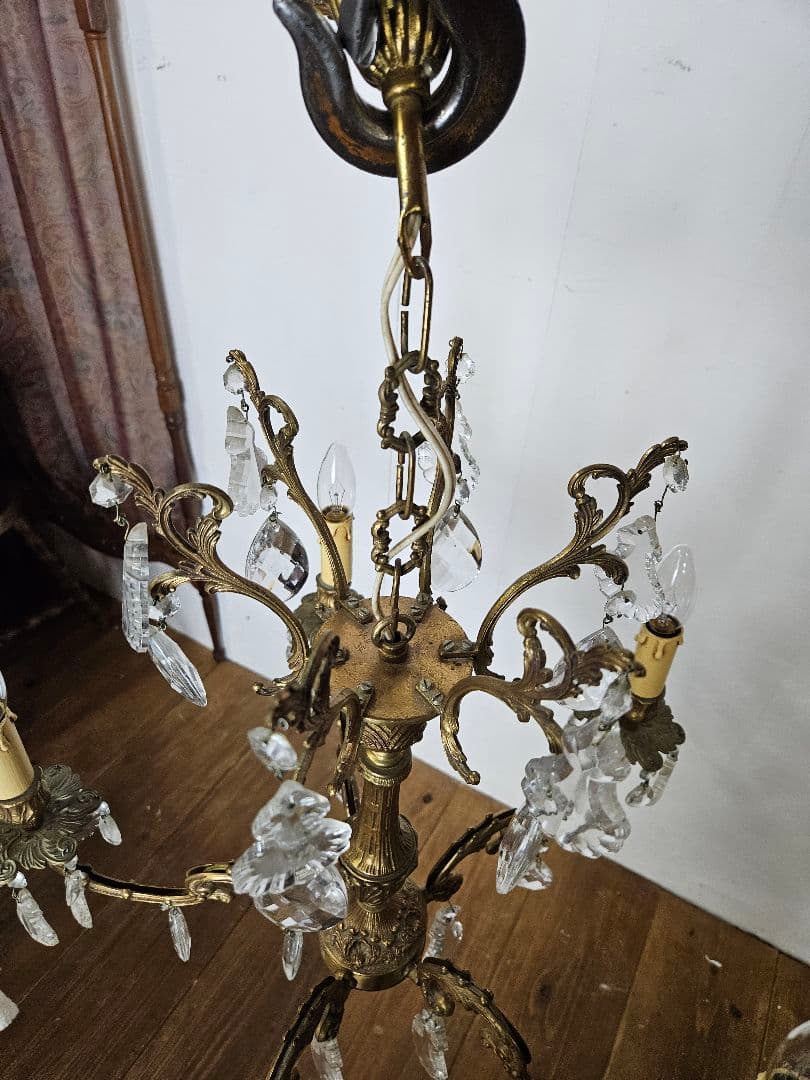 フランスアンティーク シャンデリア 5灯 クリスタルドロップ ペンダントライト