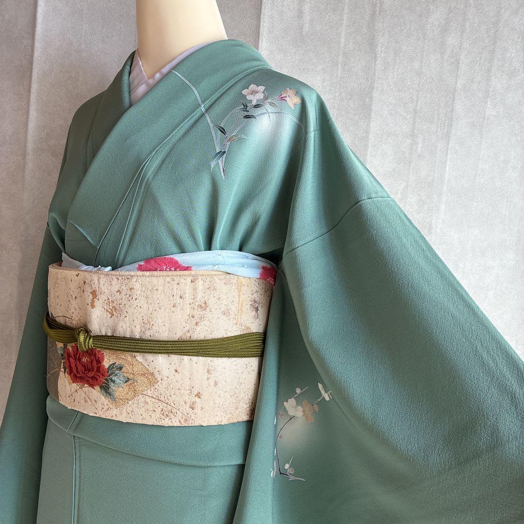 〈長襦袢➕〉訪問着　フルセット　着物　友禅　正絹　ピーコックブルー　凛　J1