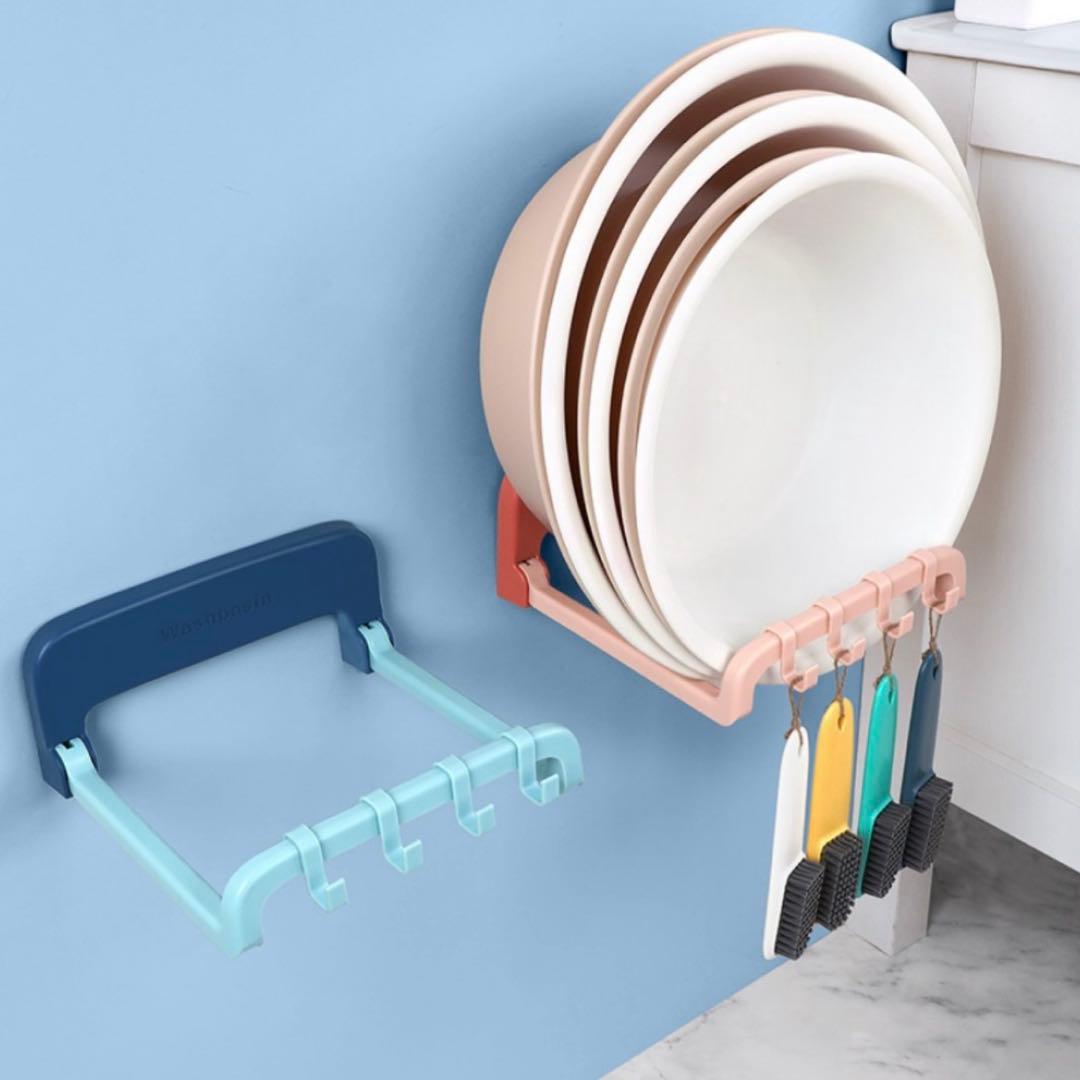 バスラック フック付　洗面器ホルダー　タオルホルダー　壁掛け 強力粘着 収納