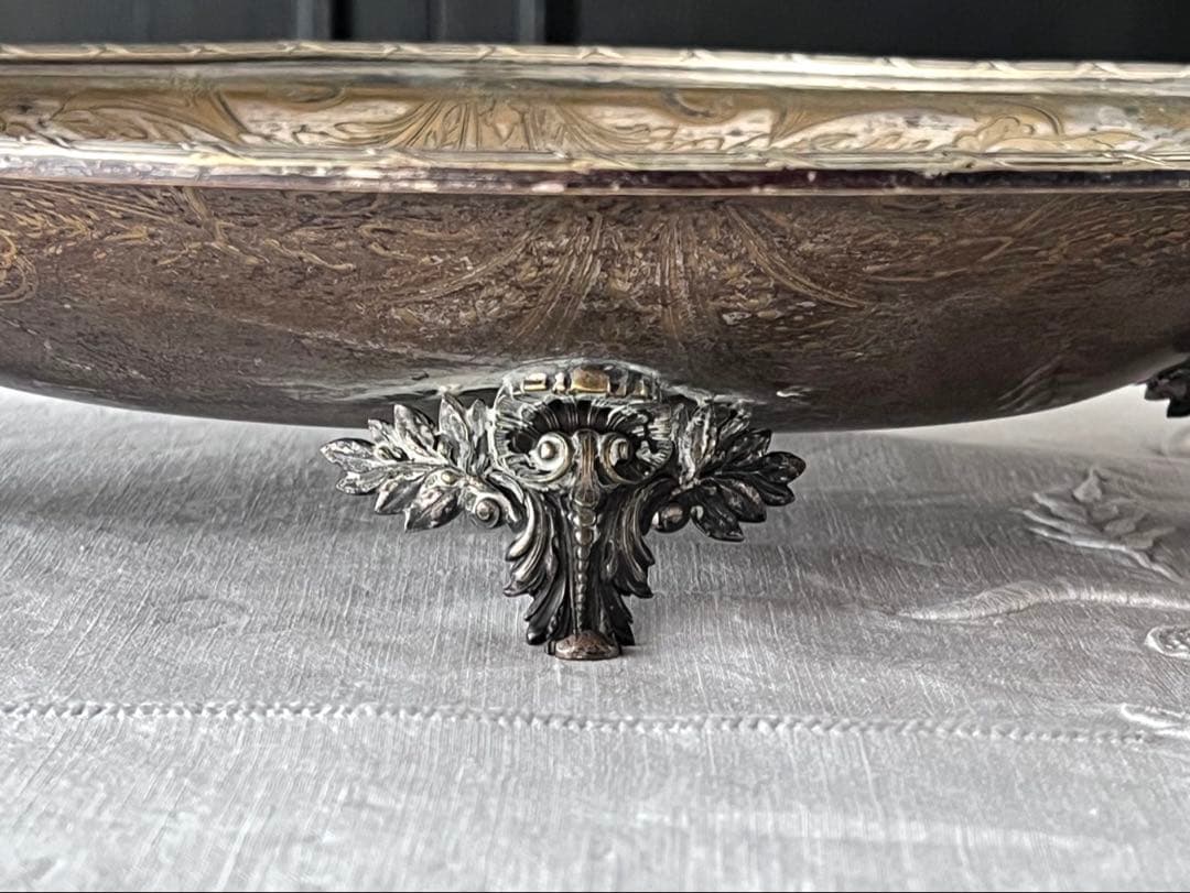 【美品】フランスアンティーク リボンモチーフ シルバー 大きなトレー[3675]