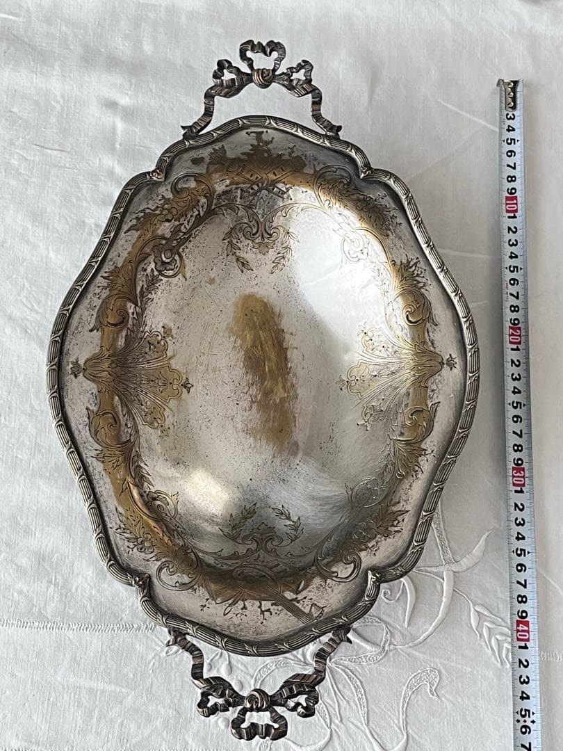 【美品】フランスアンティーク リボンモチーフ シルバー 大きなトレー[3675]