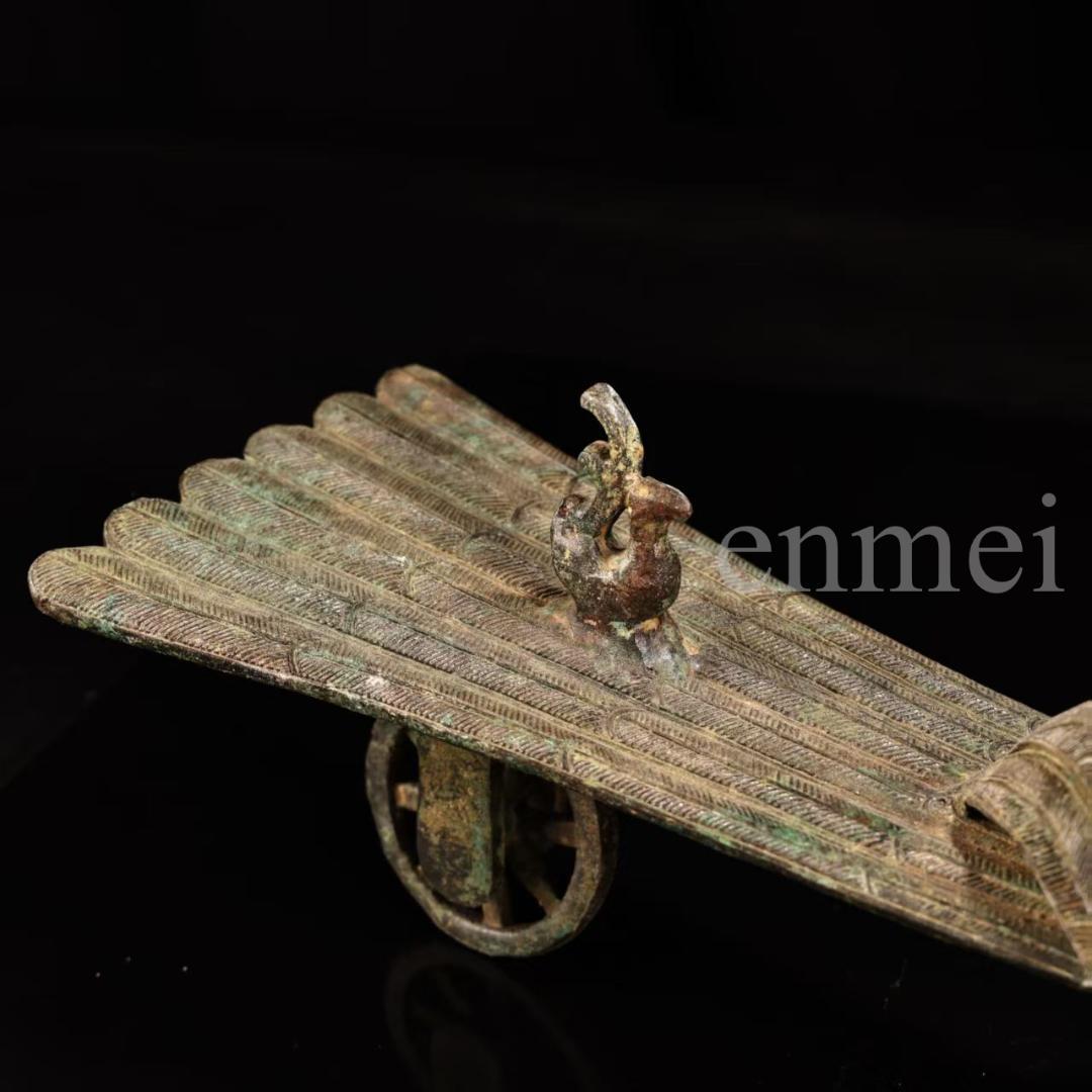 中国古美術・珍品旧藏・青銅製の鳳鳥車・鏨刻・純銅製・高浮彫・置物・風水開運・置物