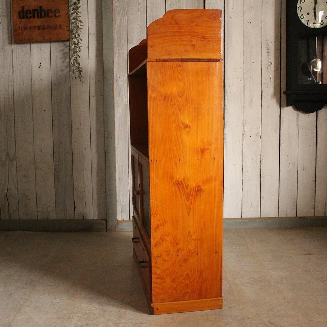 古いモールガラス戸棚　収納棚　小引き出し2杯