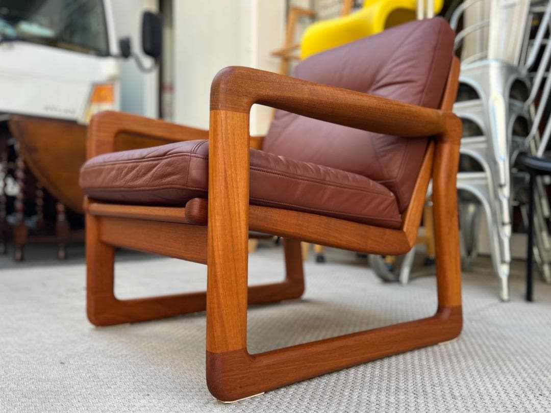 北欧ヴィンテージ☆1970s／デンマーク／1Ｐソファ／チーク材無垢／本革シート