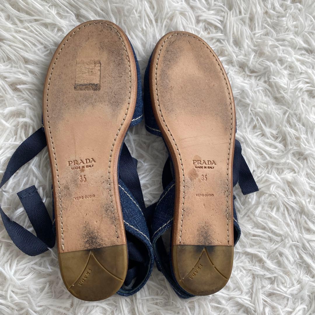 極美品　プラダ　デニム　フラットシューズ　レースアップシューズ　リボン　35