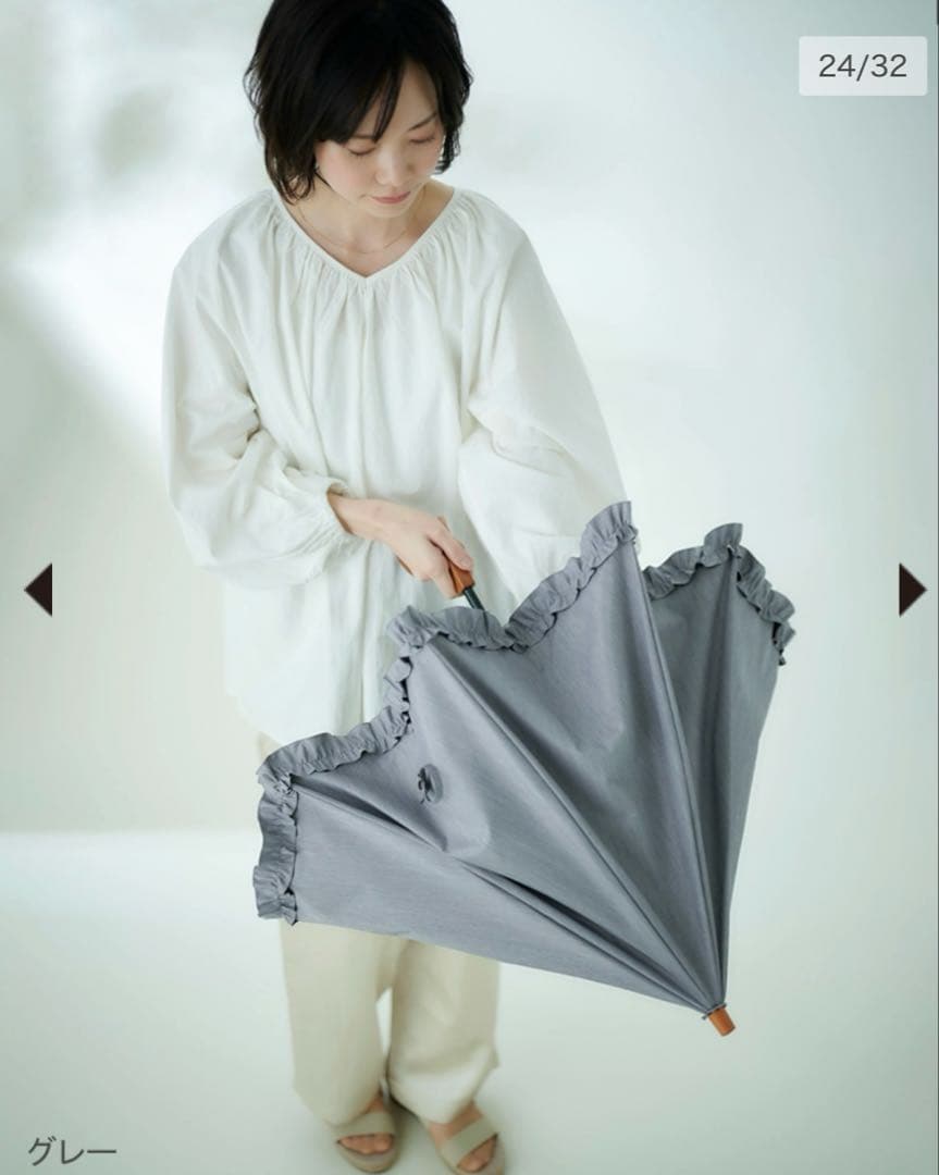 サンバリア100 折りたたみ日傘 2段折フリル / フロストグレー　木曲がり手元