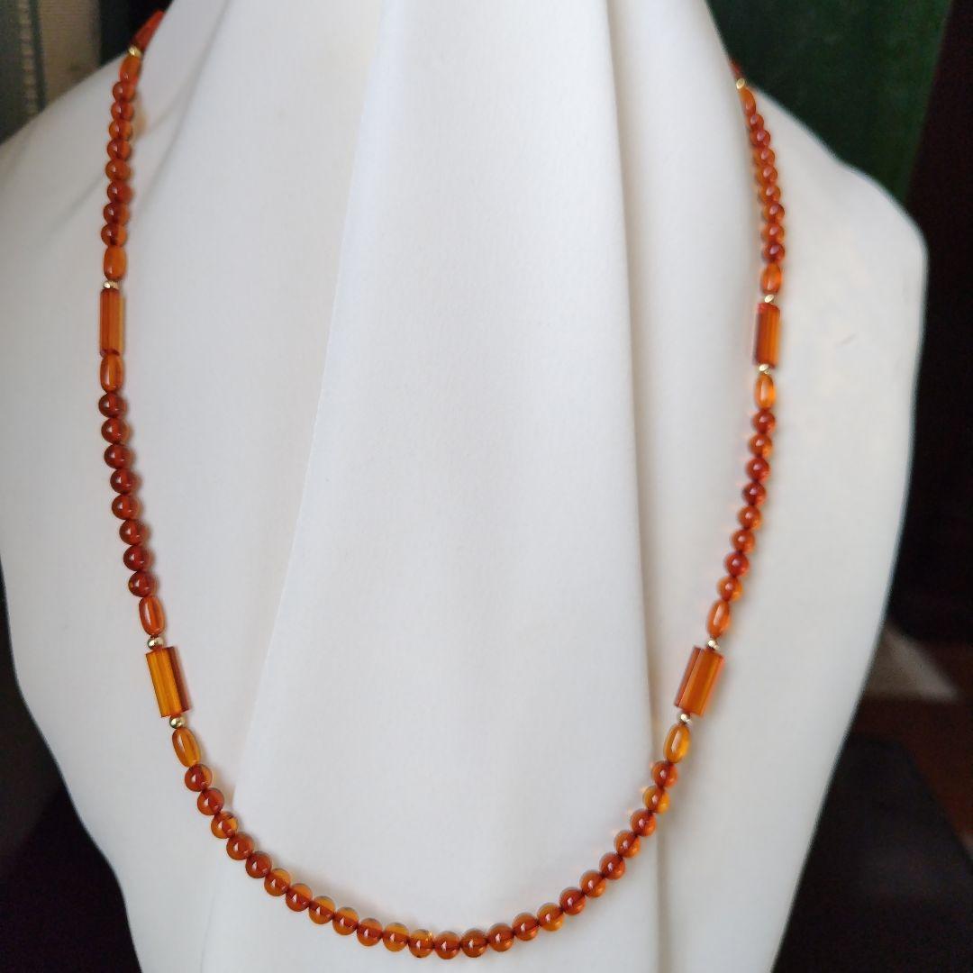 K18 迫力の特大トップ付き、本琥珀のセミロングネックレス