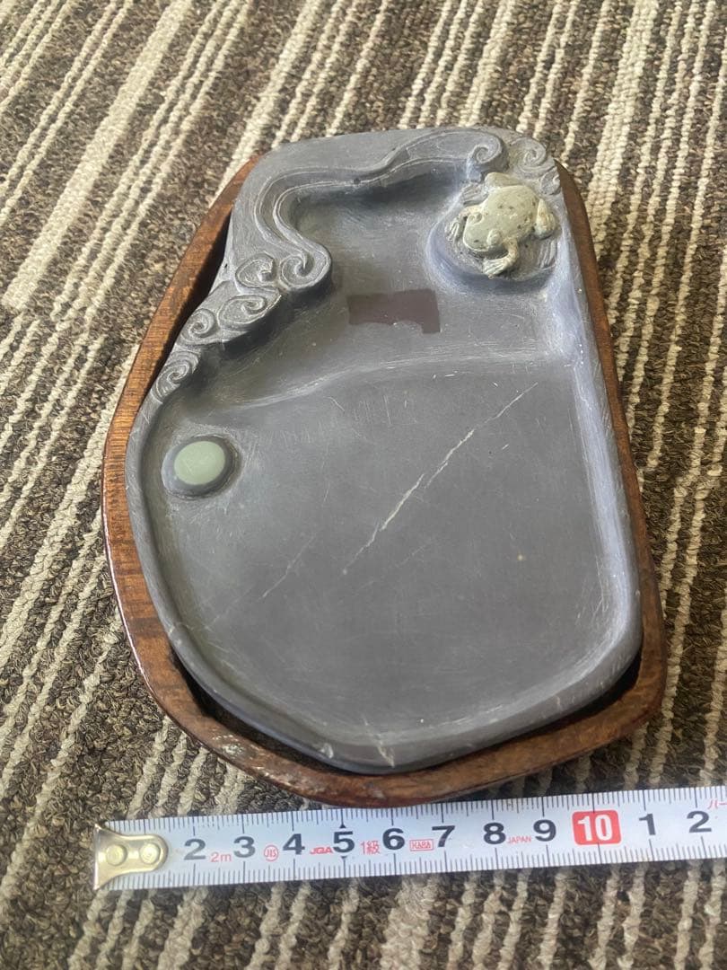 中国美術 端渓硯 斑点 石眼 硯 書道具 花鳥文 蛙　カエル　書道具 古硯 古玩