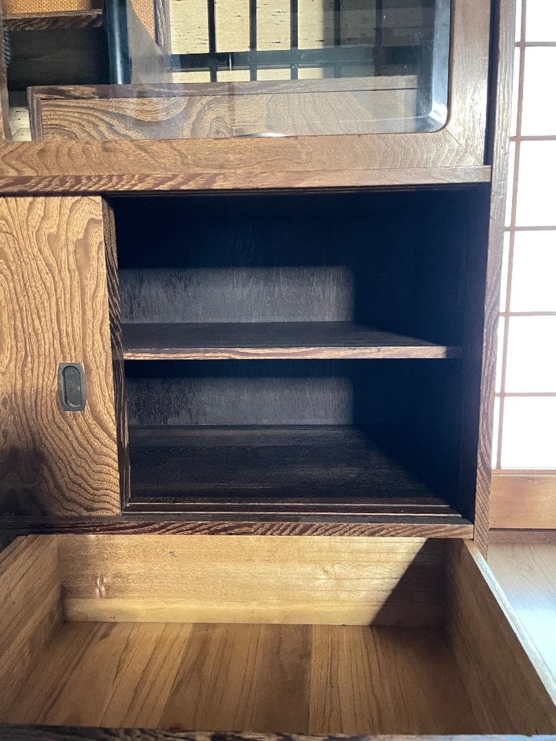 【昭和レトロ】 木製食器棚｜幅88cm｜ガラス引き戸付き｜飾り棚／収納棚｜天然木