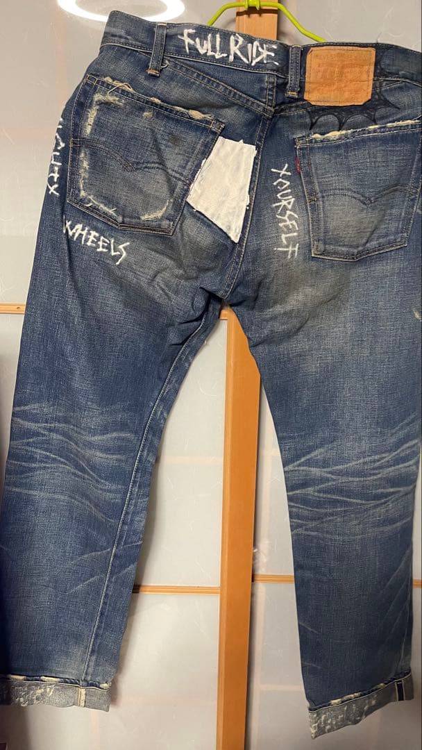 希少リーバイス ペンキダメージデニムトランプクラブ パッチワークLVC青山 大戦