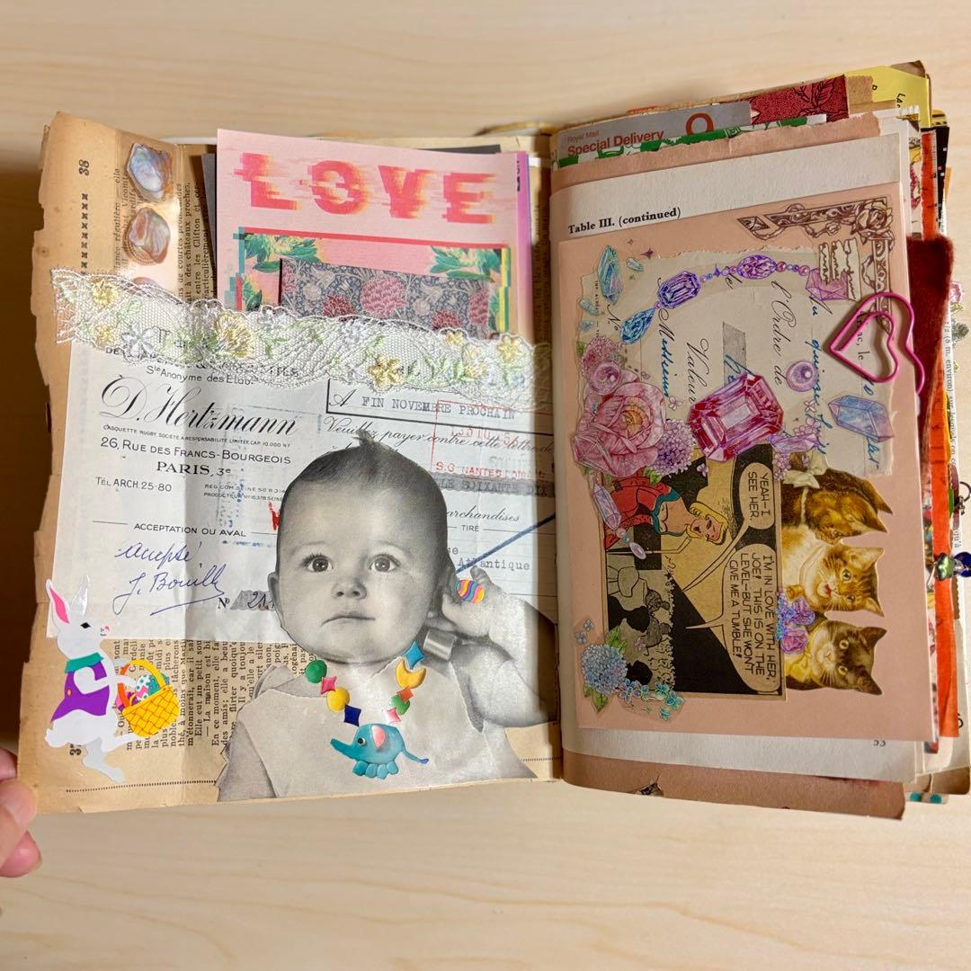 猫のジャンクジャーナル　コラージュ　おすそ分け　紙もの　ラベル　素材　絵本