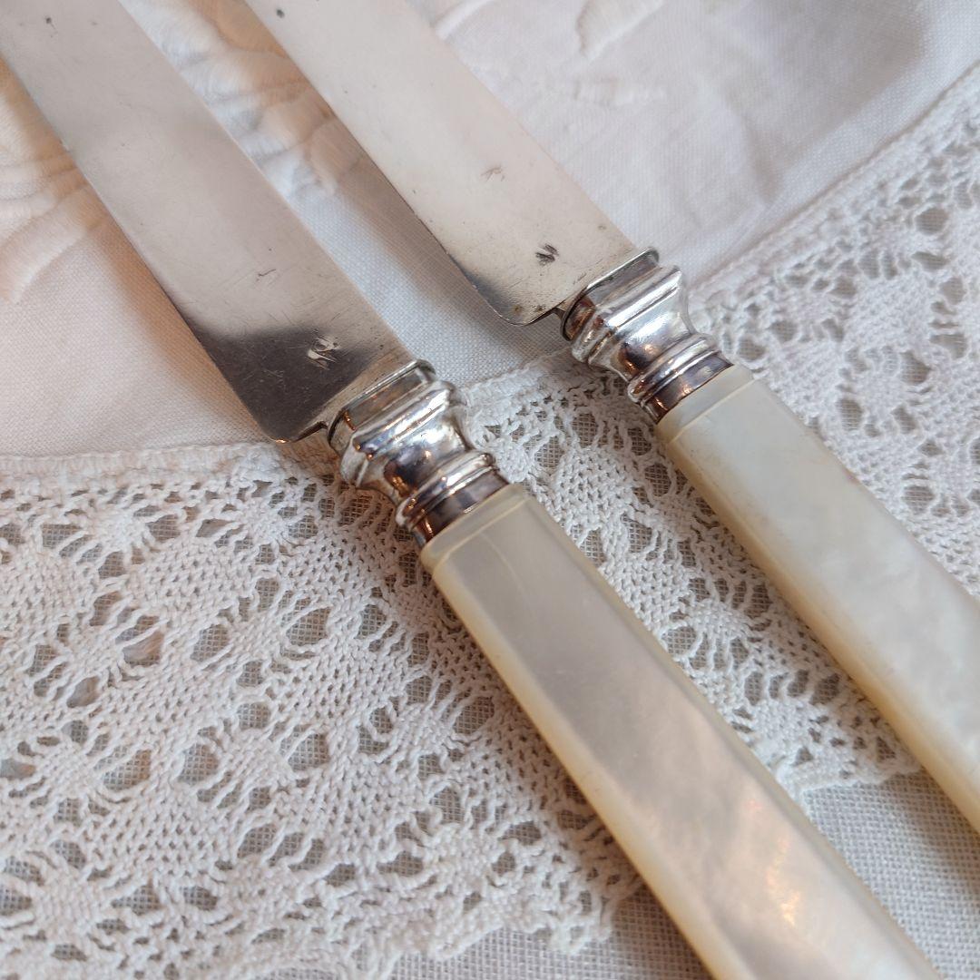 フランス製　純銀　シルバー800 ティーナイフ　マザーオブパール　白蝶貝　2本組