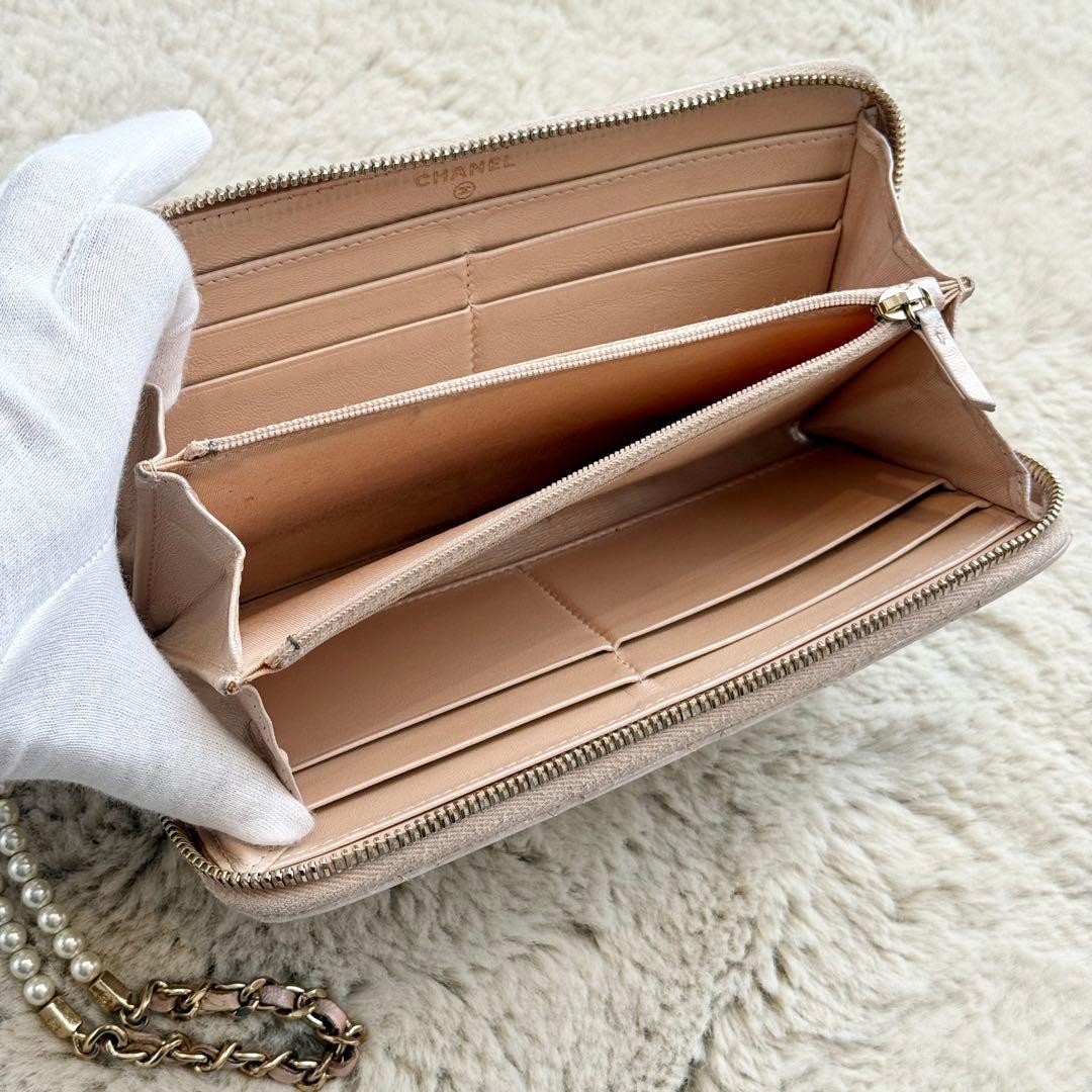 ゆずCHANEL キルティング レザー 長財布 パールピンクベージュ