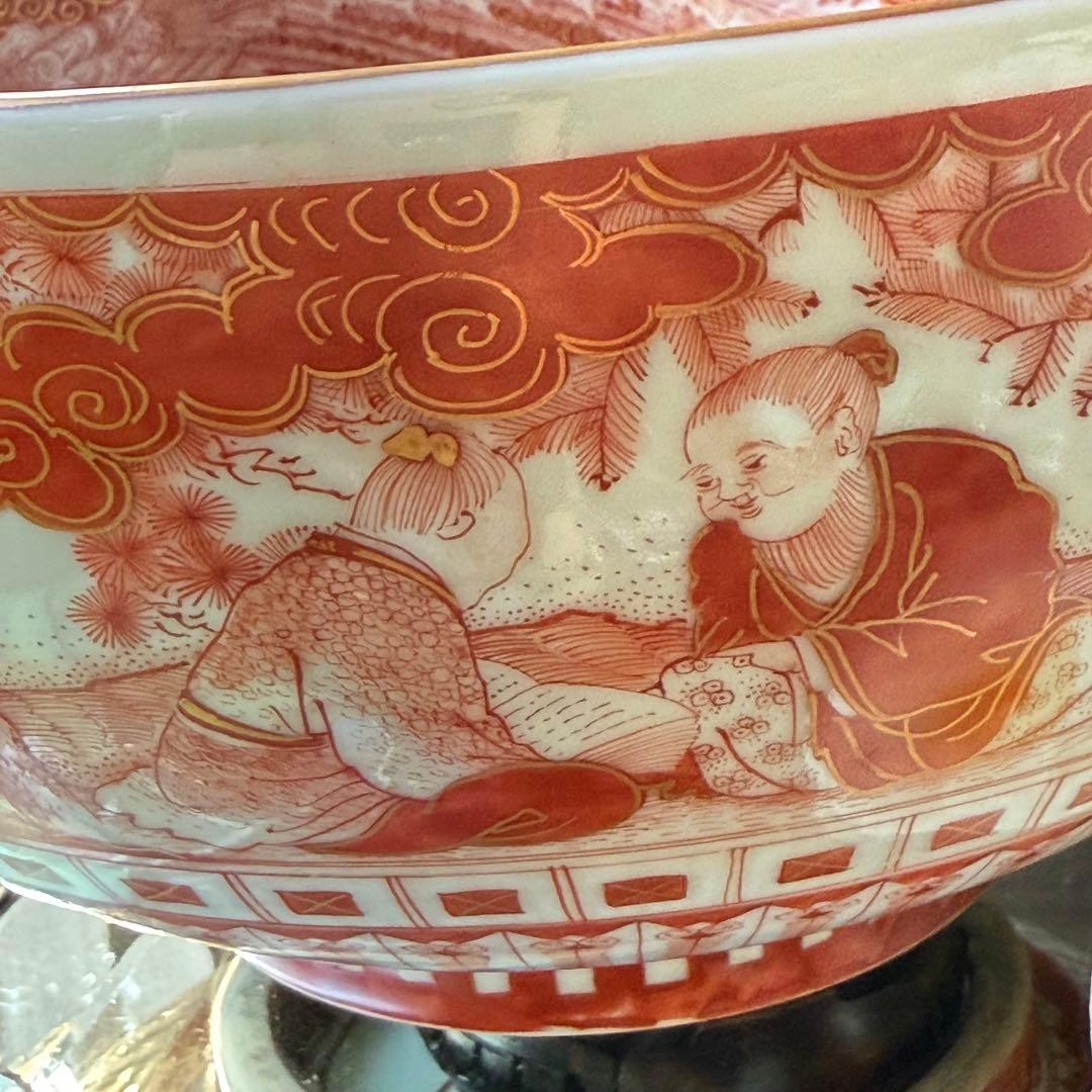 超限定28日20時迄‼️愛蔵品不世出超絶鳳凰＆賢人竹林図赤藍九谷赤呉須大鉢木箱入