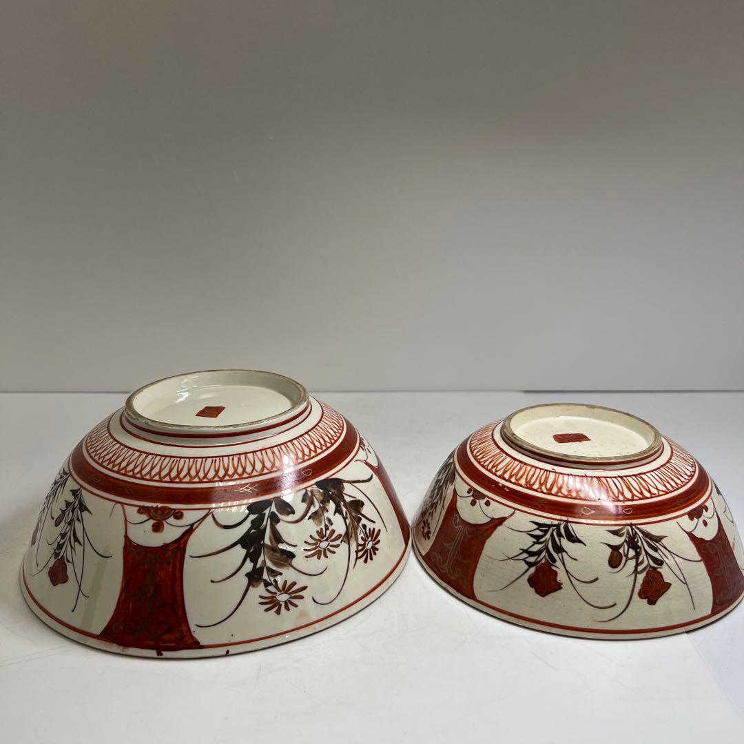 明治初期　九谷焼　赤絵人物画鉢大小　口径約21.5/18.5㎝東Y8-0123①