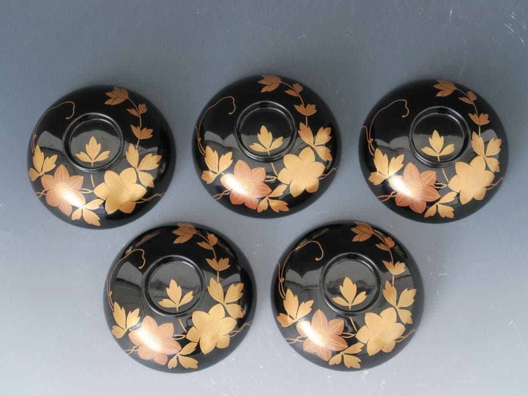 【輪島塗】鉄仙蒔絵 吸物椀 黒塗 五客揃 天然木 共箱