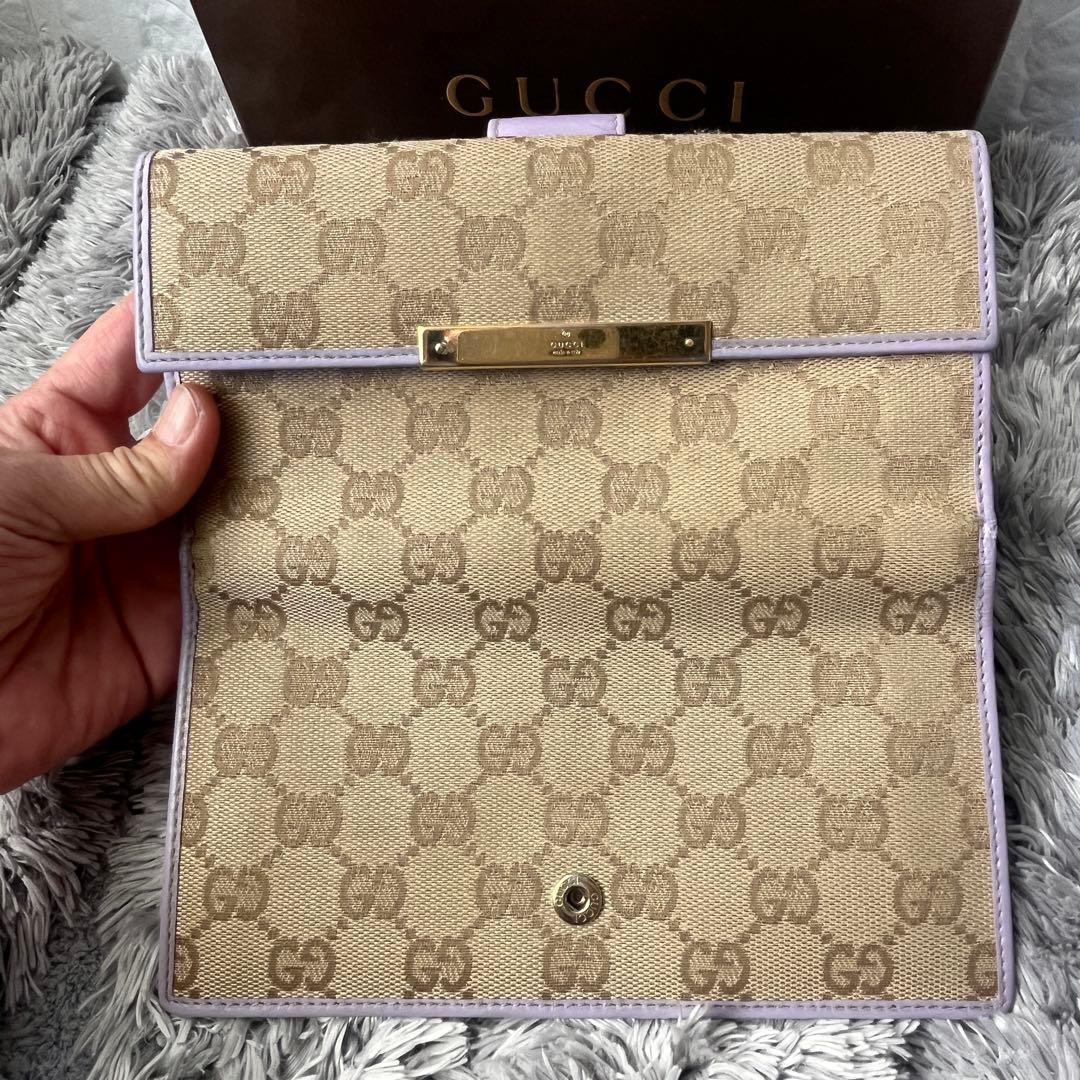 GUCCI✨GGキャンバス ライトパープル　長財布　ロゴプレート　Wホック