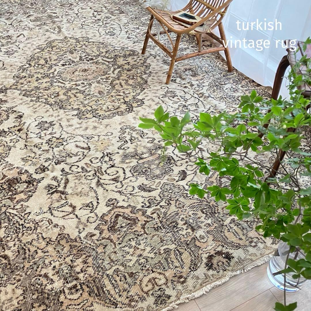 超大判168.5×276アンティークベージュ　メダリオン　トルコヴィンテージラグ