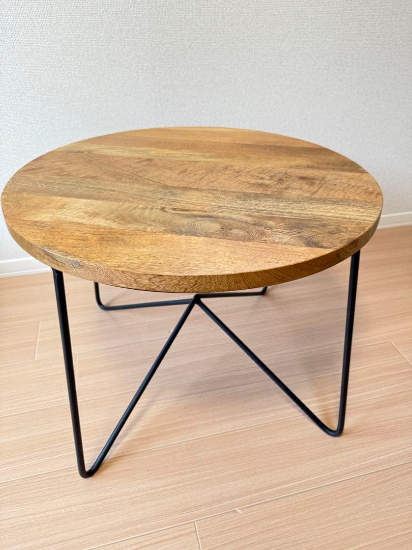 【美品】無垢材 ローテーブル 北欧家具 アイアンレッグ 丸テーブル