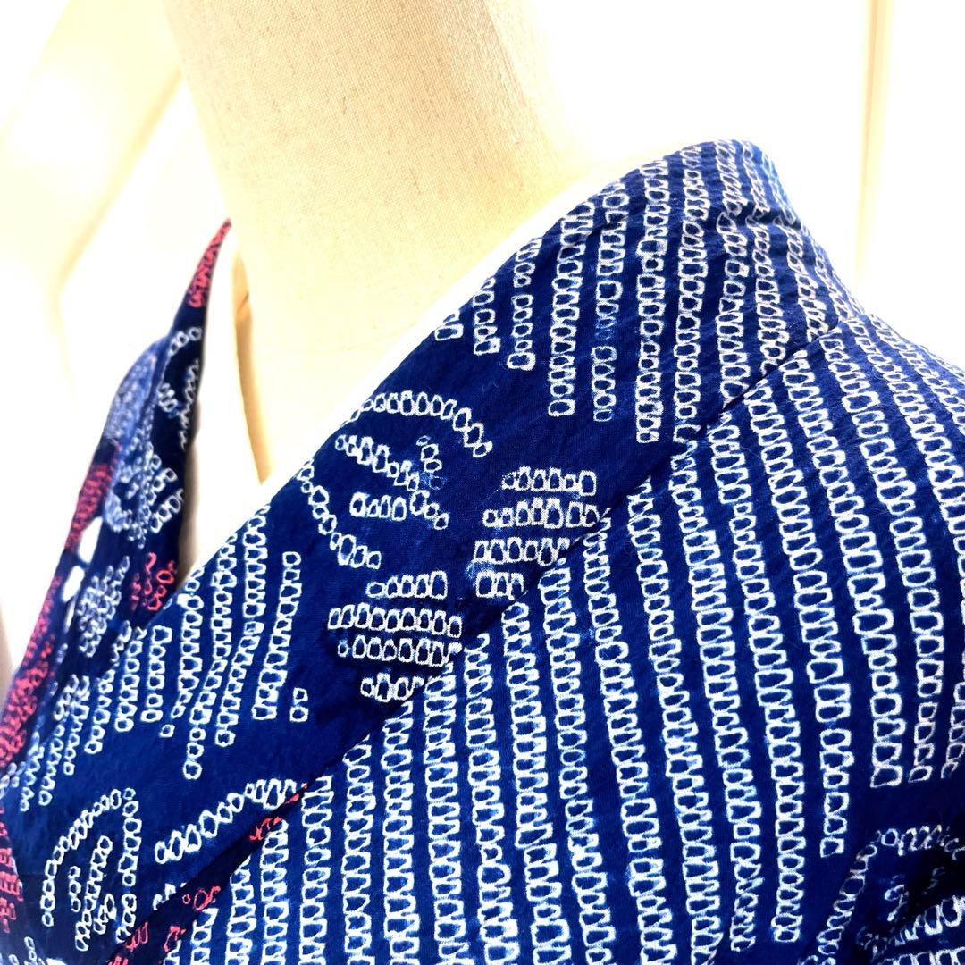 有松鳴海絞り 夏着物浴衣 手縫い仕立て 花繋ぎ 青 ブルー 美品