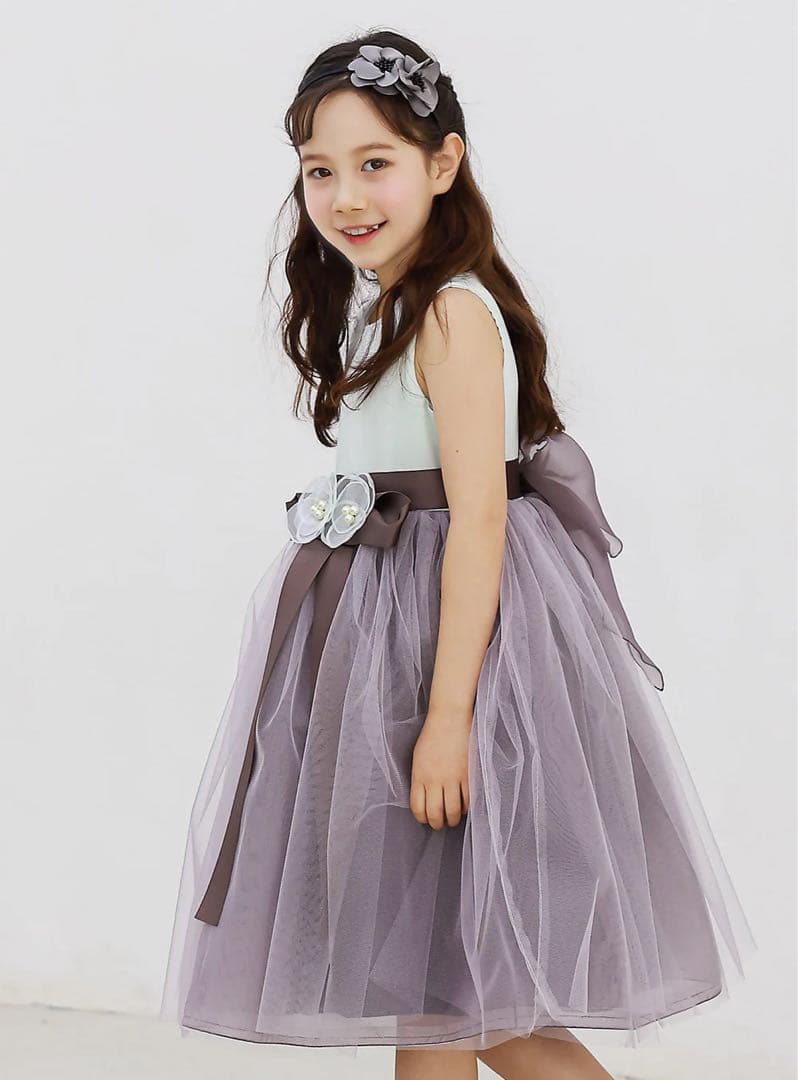 DRESCCO ミント×チャコールグレーフラワーコサージュドレス 125