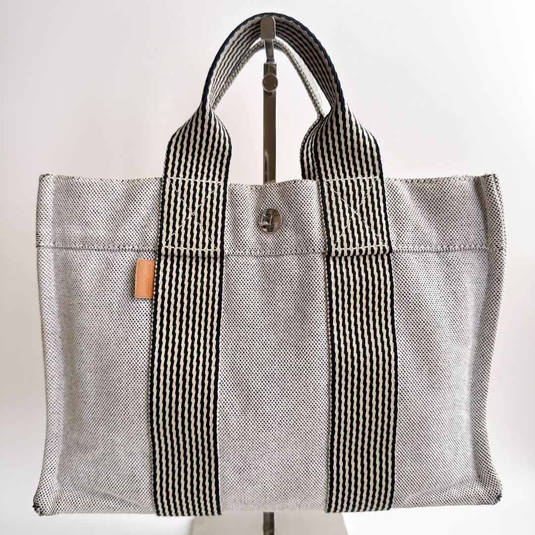 エルメス フールトゥPM ハンド トート バッグ グレー ブラック ストライプ