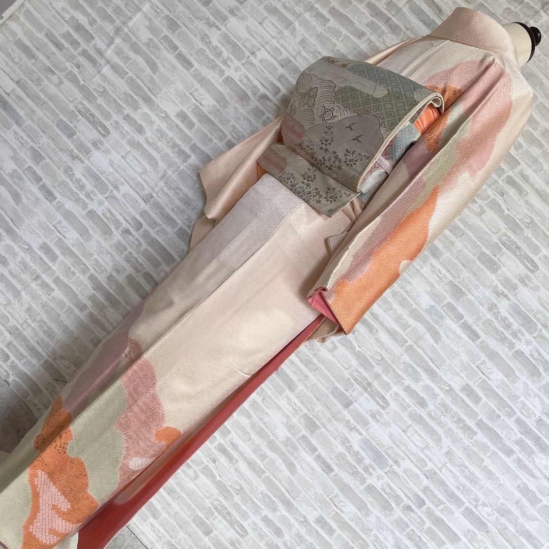 訪問着　フルセット　橘　手刺繍　鹿の子絞り　紗綾形地紋　入学式　卒業式　Q5