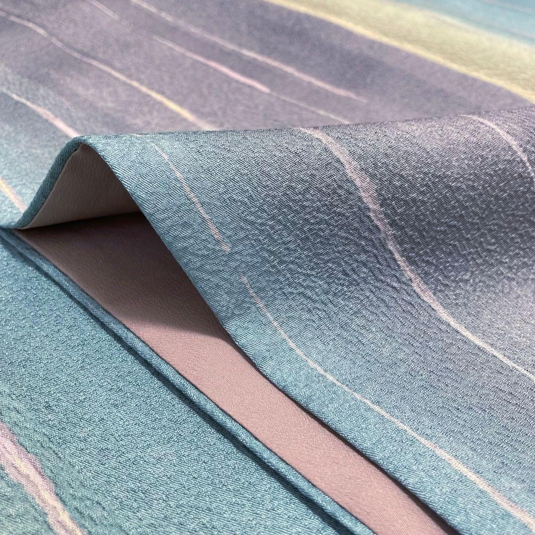 【美品✨】東レシルック　洗える着物　小紋　変わり縞　ぼかし染め　青緑　灰茶　G1