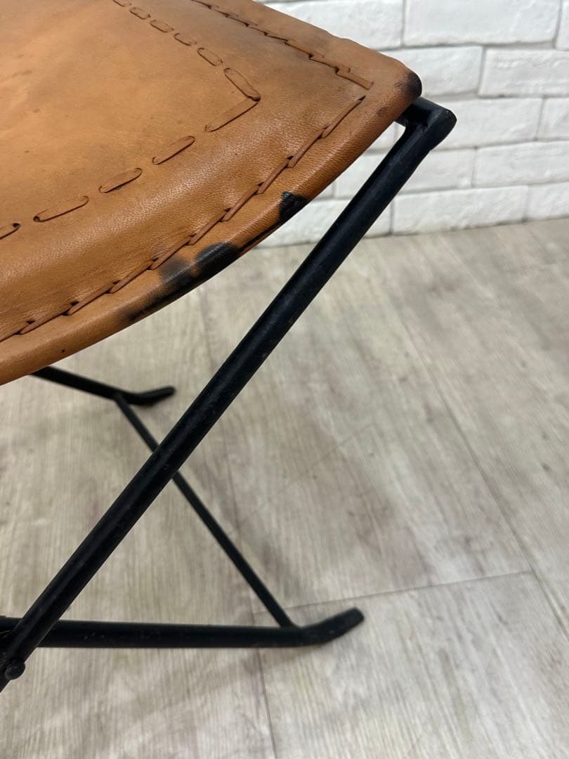 B ⭐️【全国送料無料】インダストリアル　レザー　アイアン　スツール　折りたたみ