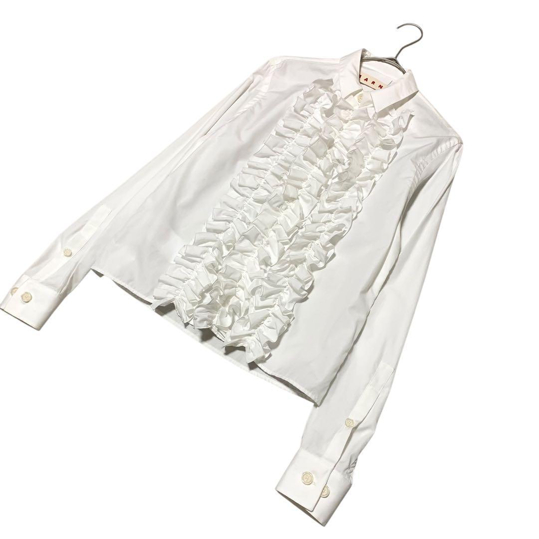 MARNI フリルブラウス シャツ ロゴ刺繍【38】2WAYカラー