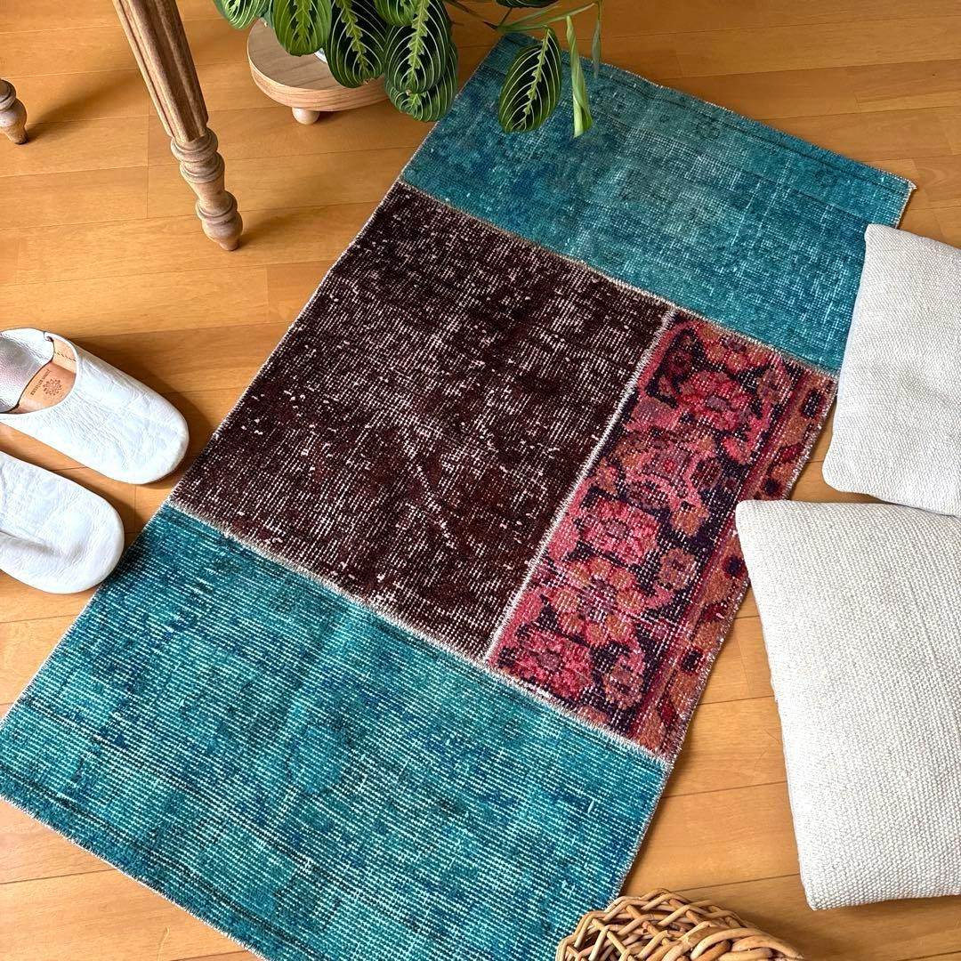 55×103 神秘的ブルー×ブラウン×ボタニカル　トルコヴィンテージラグ