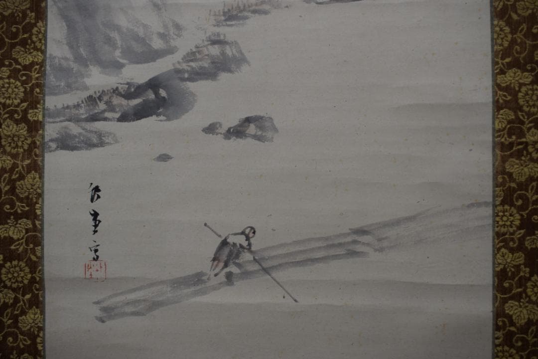 【真作】岸竹堂/春景嵐山図/桜花山水図/掛軸☆宝船☆Y-920　JM