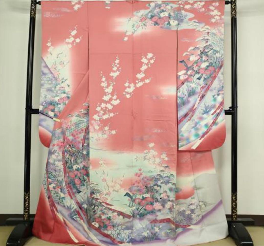 振袖 フルセット6点サイズM〜Ｌ駒刺繍　御所車花文　暈し染め　金彩正絹