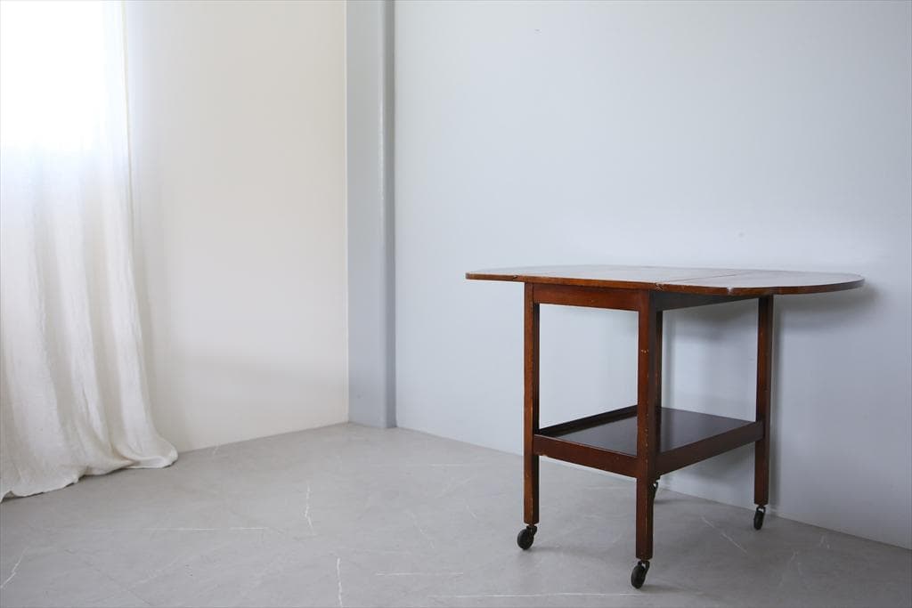 英国アンティーク木製ドロップリーフトロリーテーブル/収納式ワゴン机(89-197